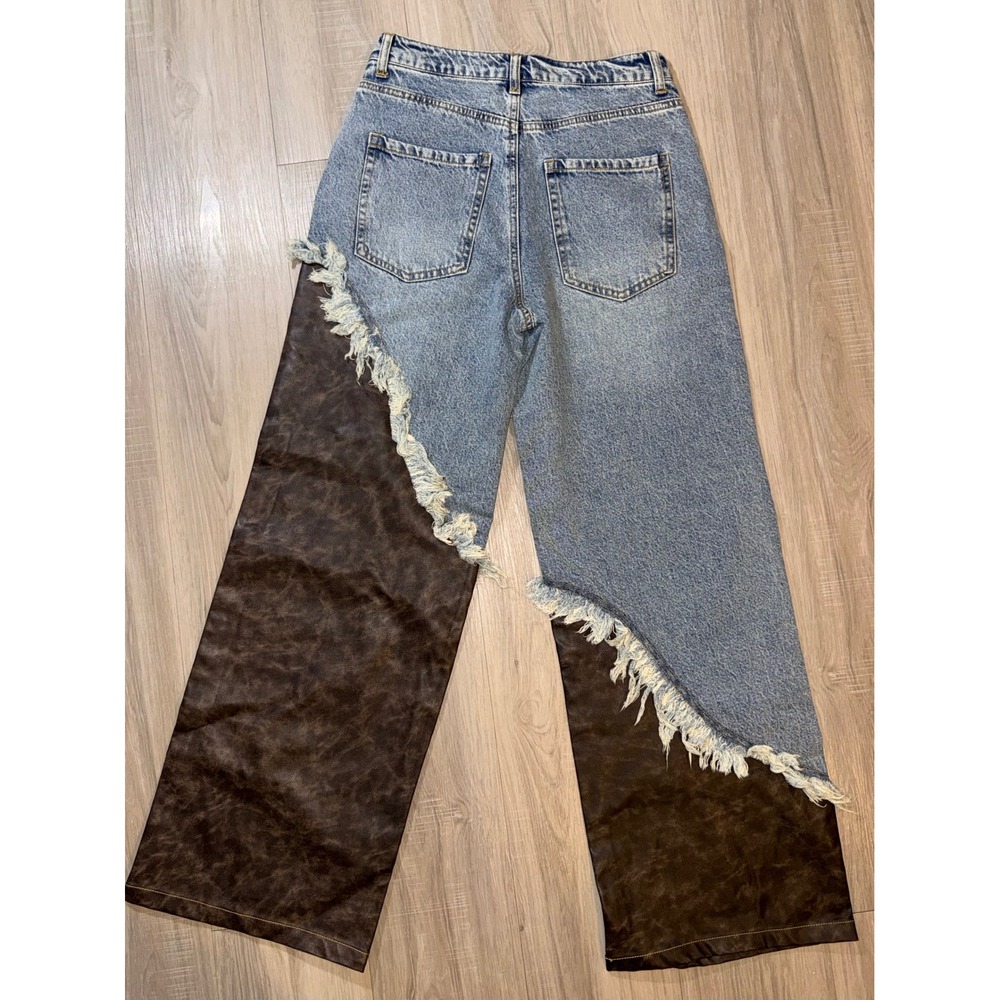 Fashion Nova Jayde Striped PU Mix Wide Leg Jeans Light Wash Brown Size 5 NEW